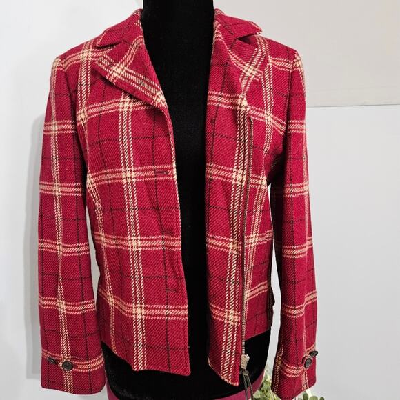 Lauren Ralph Lauren Plaid Zip and Button Closure Wool Red Cream and Black Blazer - Picture 10 of 15